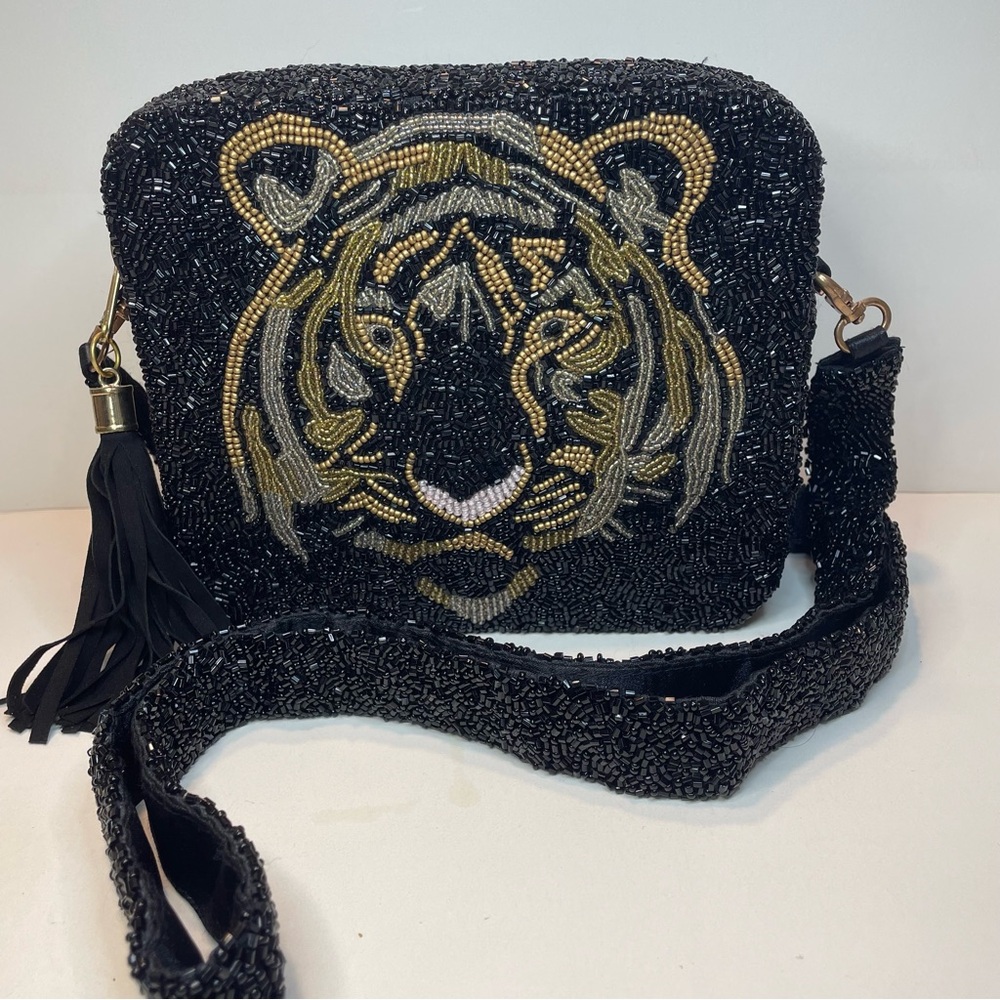 Tiana Beaded Purse Black Gold Silver Tiger Cross Body Strap Tassel Zipper